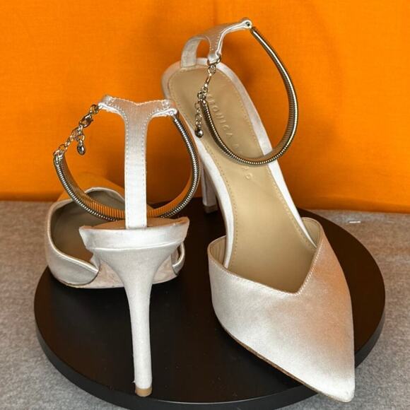 Veronica Beard Lisa White Satin Chain link Ankle Stiletto Pointed Toe Heel 7.5 - Picture 4 of 7